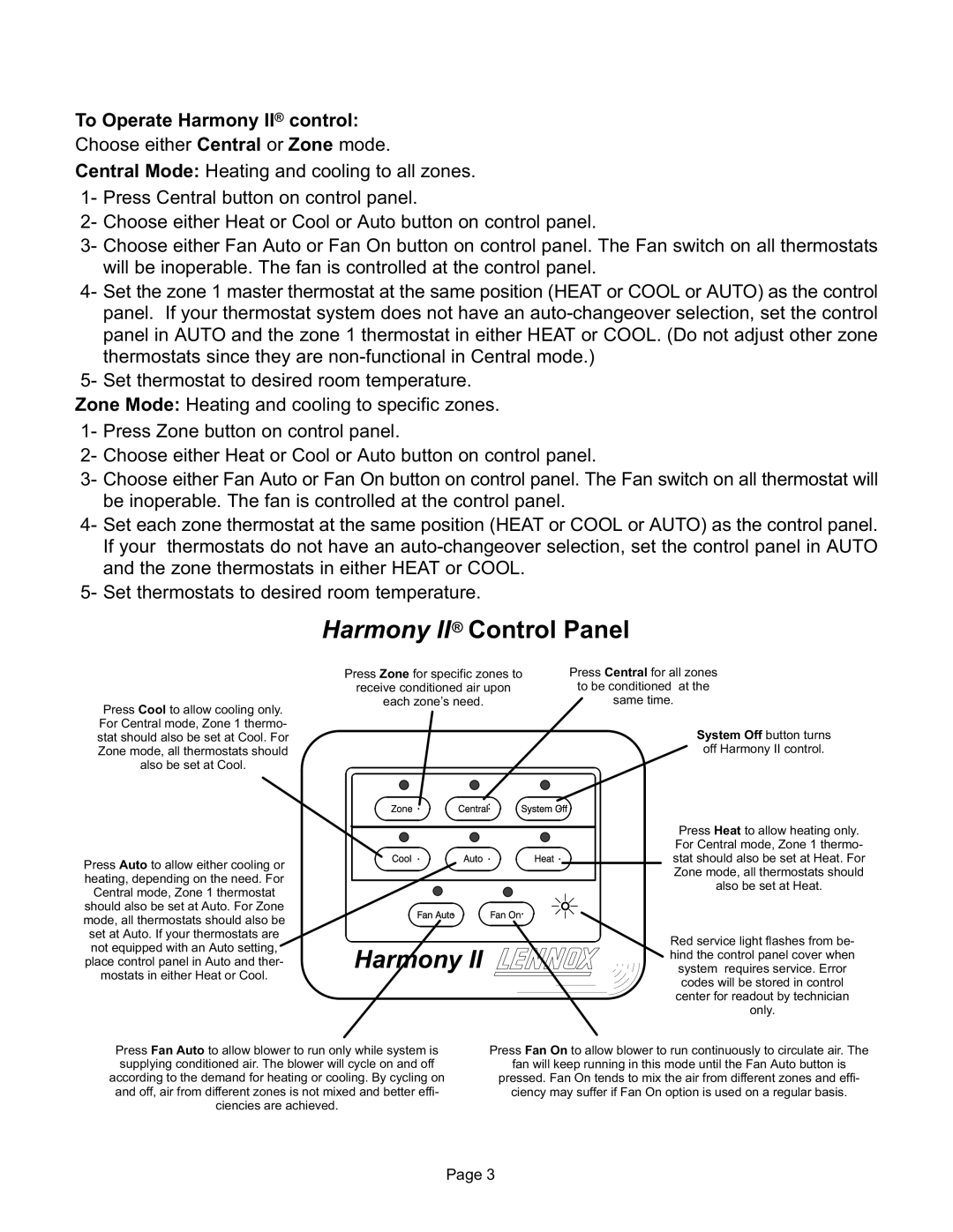 Lennox Hearth 502, 862M user manual Harmony II Control Panel 