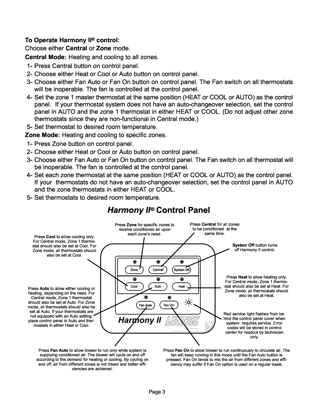 Lennox Hearth 502, 862M user manual Harmony II Control Panel 