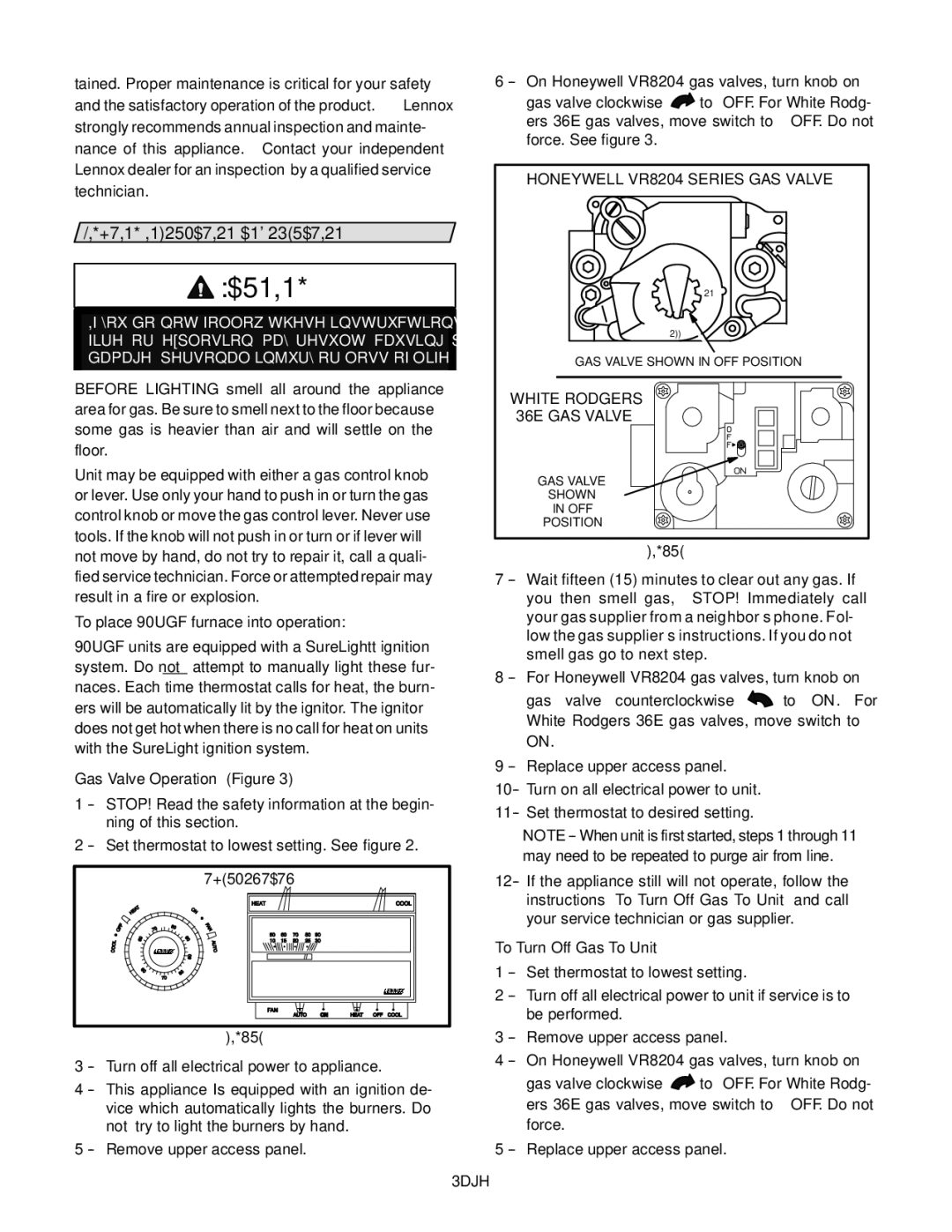 Lennox Hearth 90UGF Series manual Setti ng, Force, OnHoneywellVR82 04gasvalves,turnknobon 