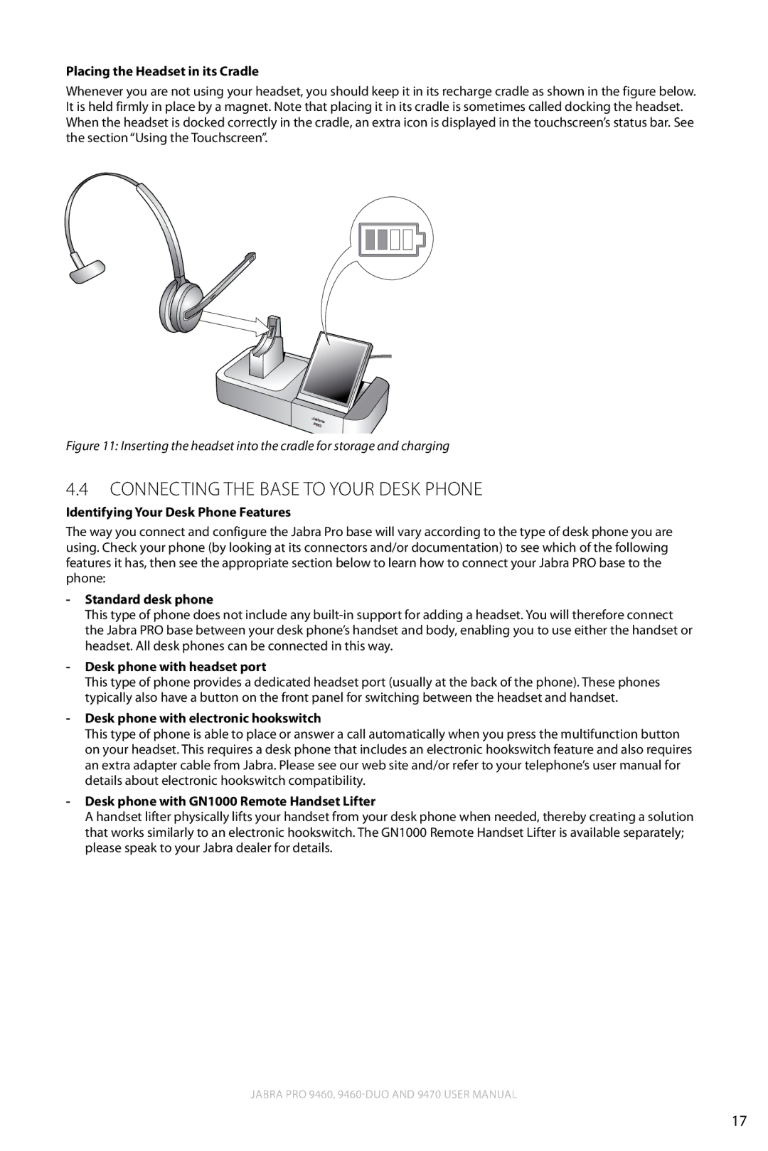 Lennox Hearth 9470 Connecting the Base to Your Desk Phone, Placing the Headset in its Cradle, Standard desk phone 