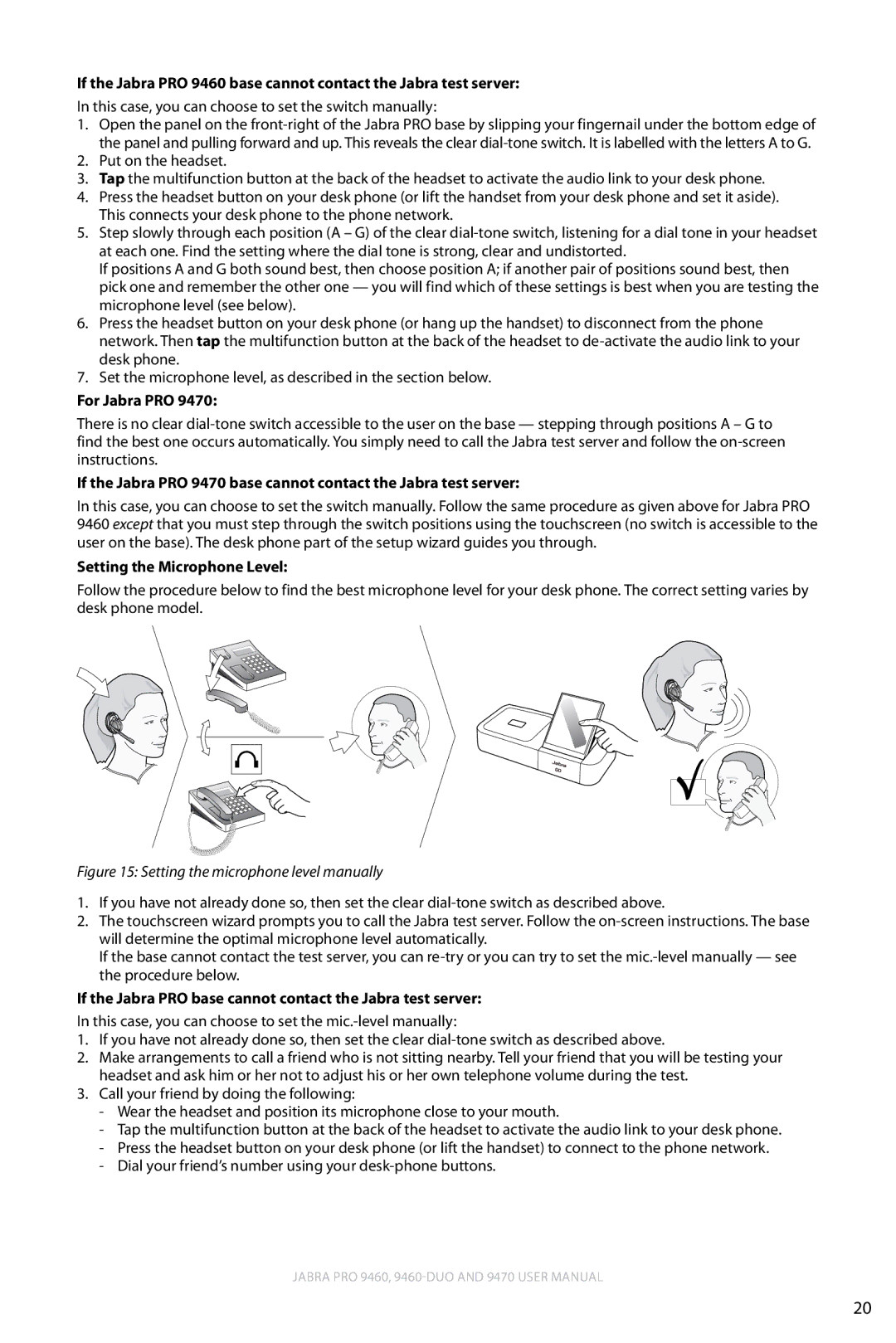 Lennox Hearth 9470 user manual Setting the Microphone Level, If the Jabra PRO base cannot contact the Jabra test server 