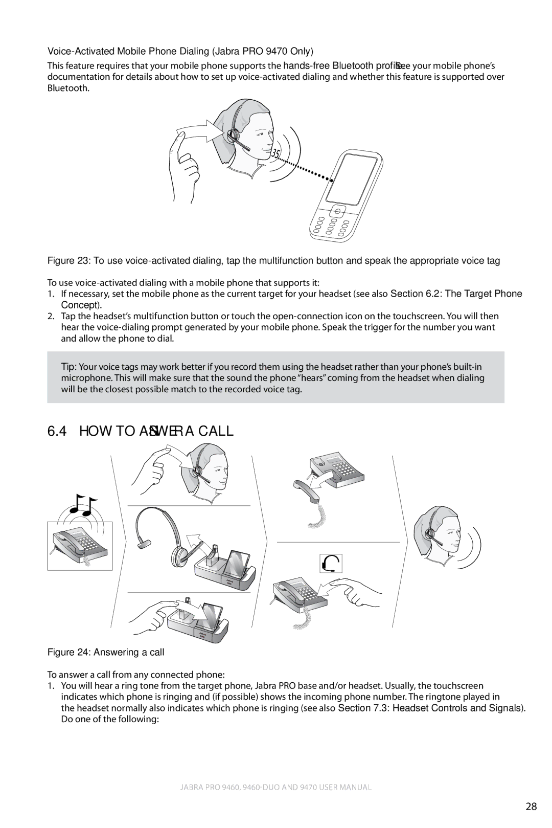 Lennox Hearth user manual How to answer a call, Voice-Activated Mobile Phone Dialing Jabra PRO 9470 Only 