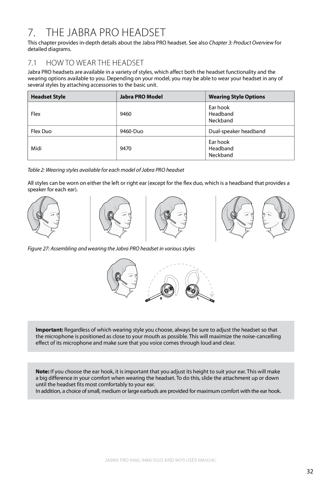 Lennox Hearth 9470 Jabra PRO Headset, How to Wear the Headset, Headset Style Jabra PRO Model Wearing Style Options 