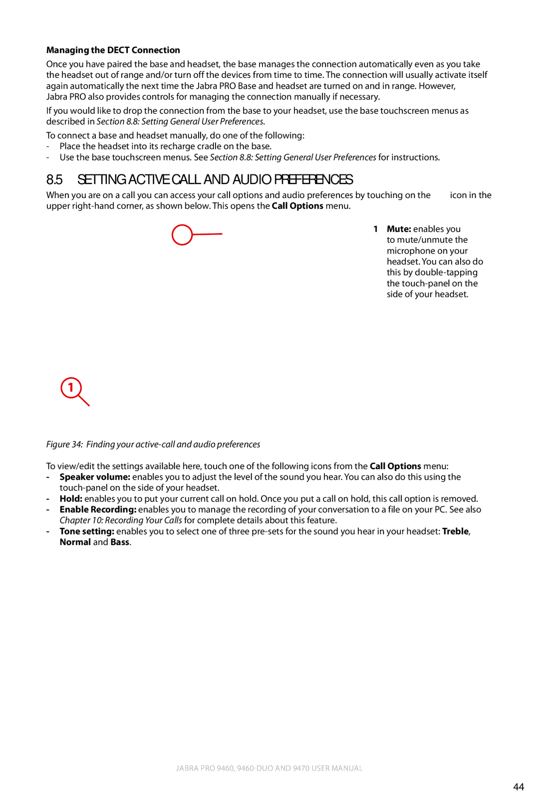 Lennox Hearth 9470 user manual Setting Active Call and Audio Preferences, Managing the Dect Connection 