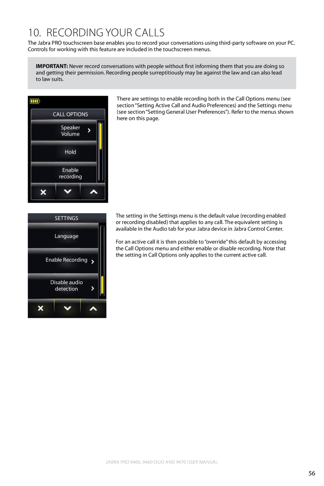 Lennox Hearth 9470 user manual Recording Your Calls, Language Enable Recording Disable audio Detection 