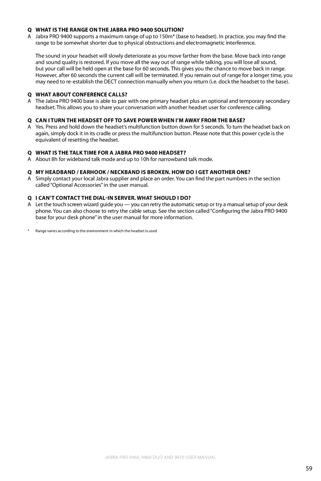 Lennox Hearth 9470 user manual What is the range on the Jabra PRO 9400 solution?, What about conference calls? 