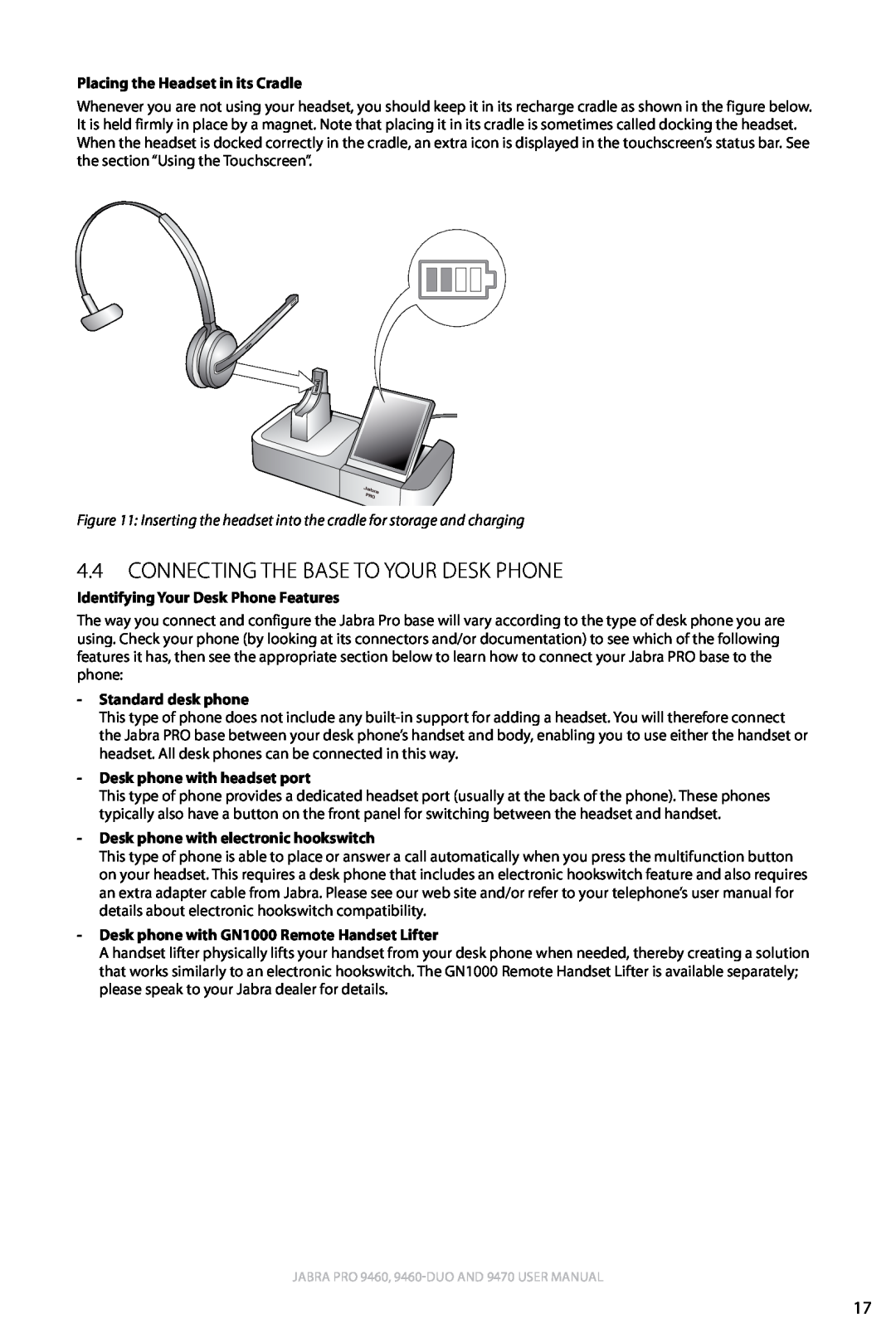 Lennox Hearth 9470 user manual 4.4Connecting the Base to Your Desk Phone, english, Placing the Headset in its Cradle 