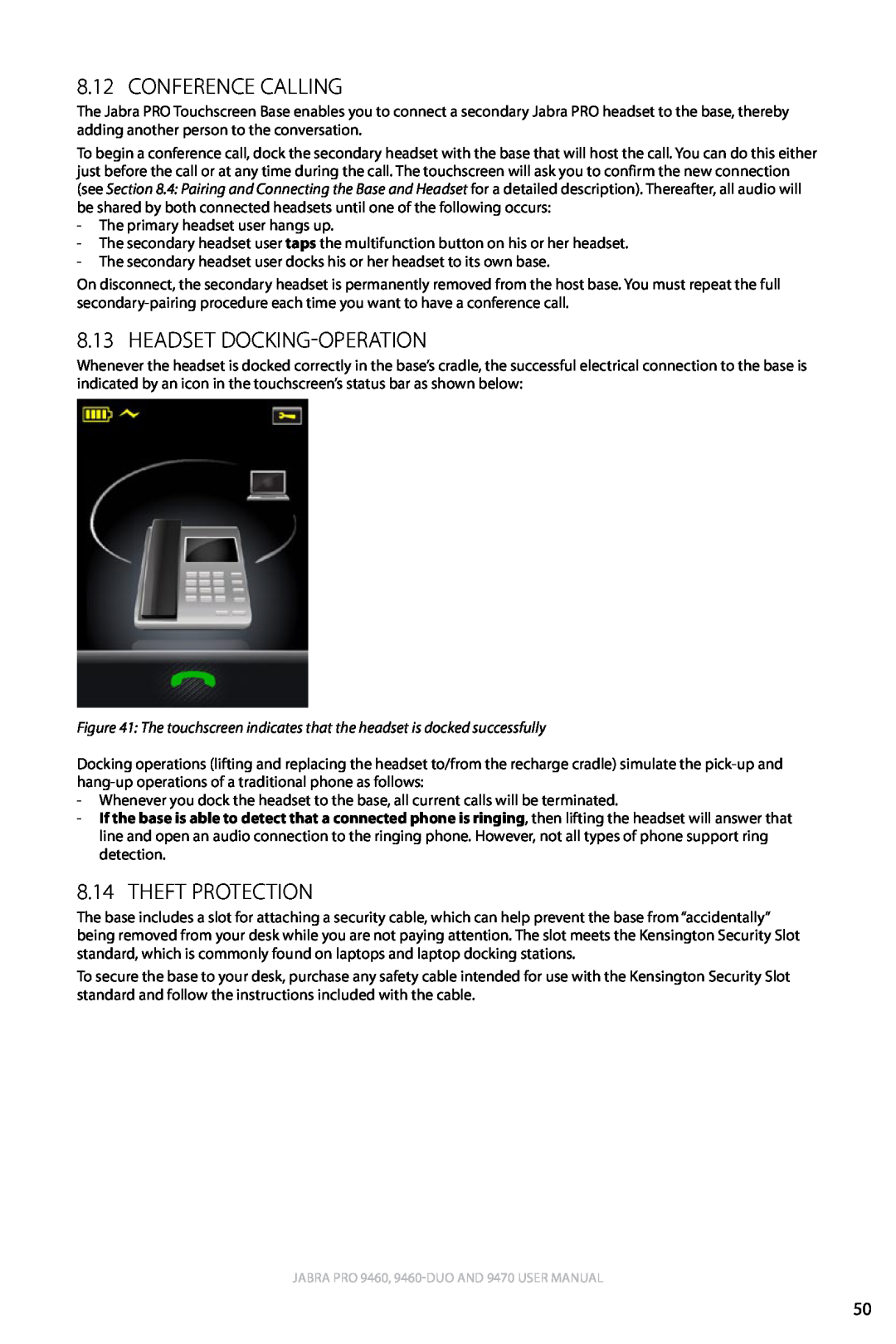 Lennox Hearth 9470 user manual Conference Calling, Headset Docking-Operation, 8.14Theft Protection, english 