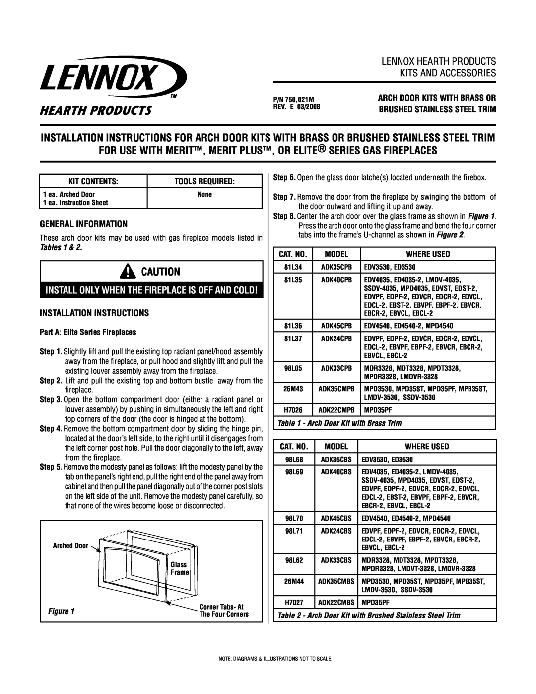Lennox Hearth ADK40CPB, ADK45CBS installation instructions Tables, Arch Door Kit with Brass Trim, Kits And Accessories 