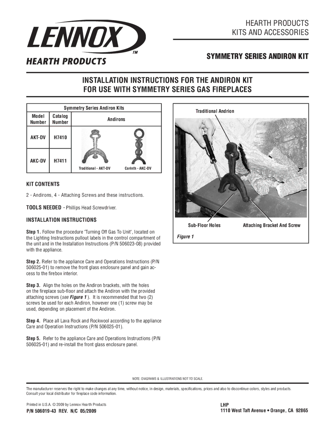 Lennox Hearth AKC-DV, AKT-DV installation instructions Symmetry Series Andiron KIT, KIT Contents 