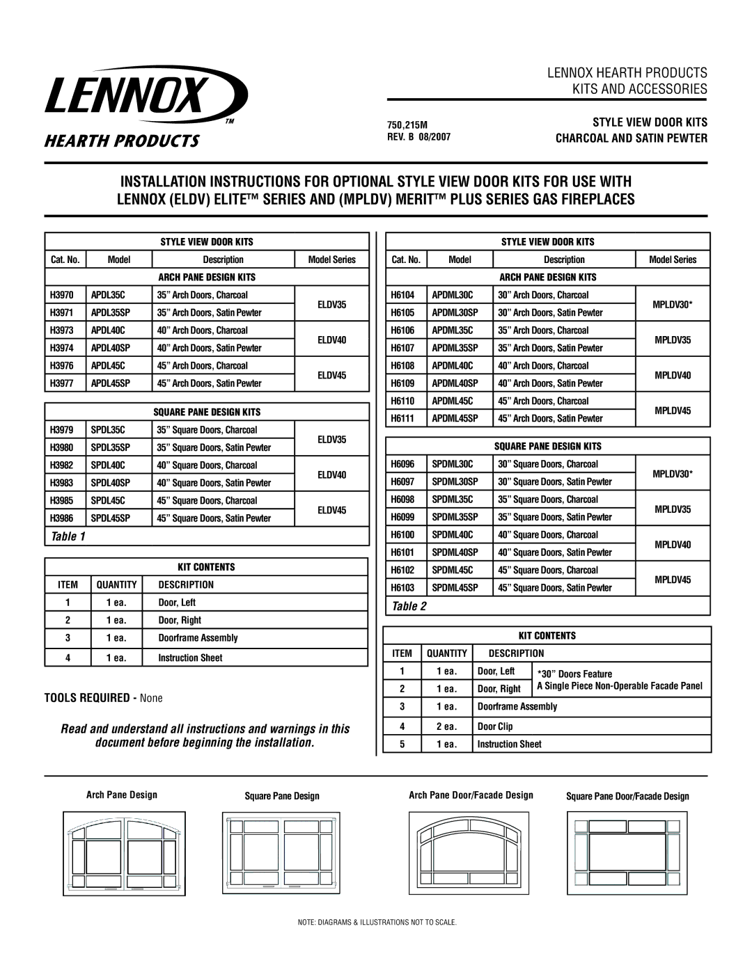 Lennox Hearth APDML35C, APDML35SP, APDML30SP, SPDML30C installation instructions Kits and Accessories, Style View Door Kits 