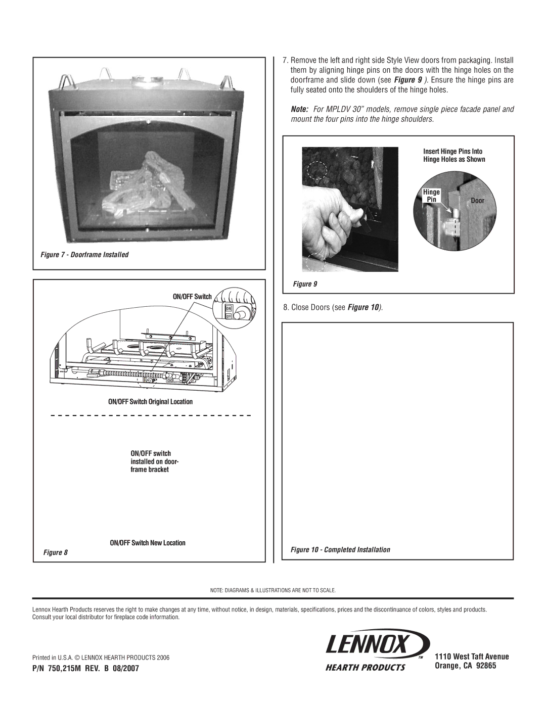 Lennox Hearth SPDL40SP, APDML35SP, APDML35C, APDML30SP, SPDML30C, SPDML35SP Close Doors see Figure, ON/OFF Switch New Location 