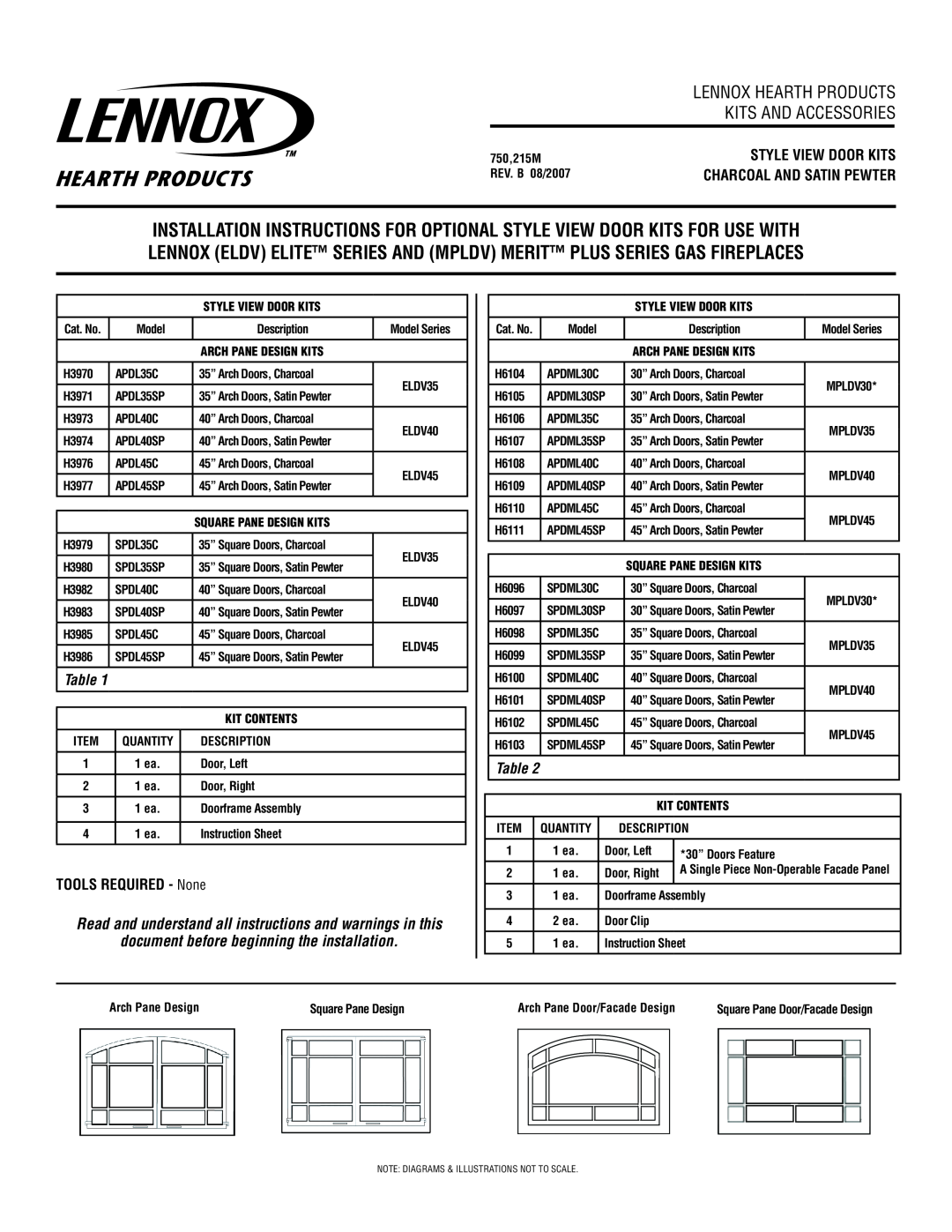 Lennox Hearth APDML35C installation instructions Style View Door Kits, TOOLS REQUIRED - None, Kits And Accessories, Model 