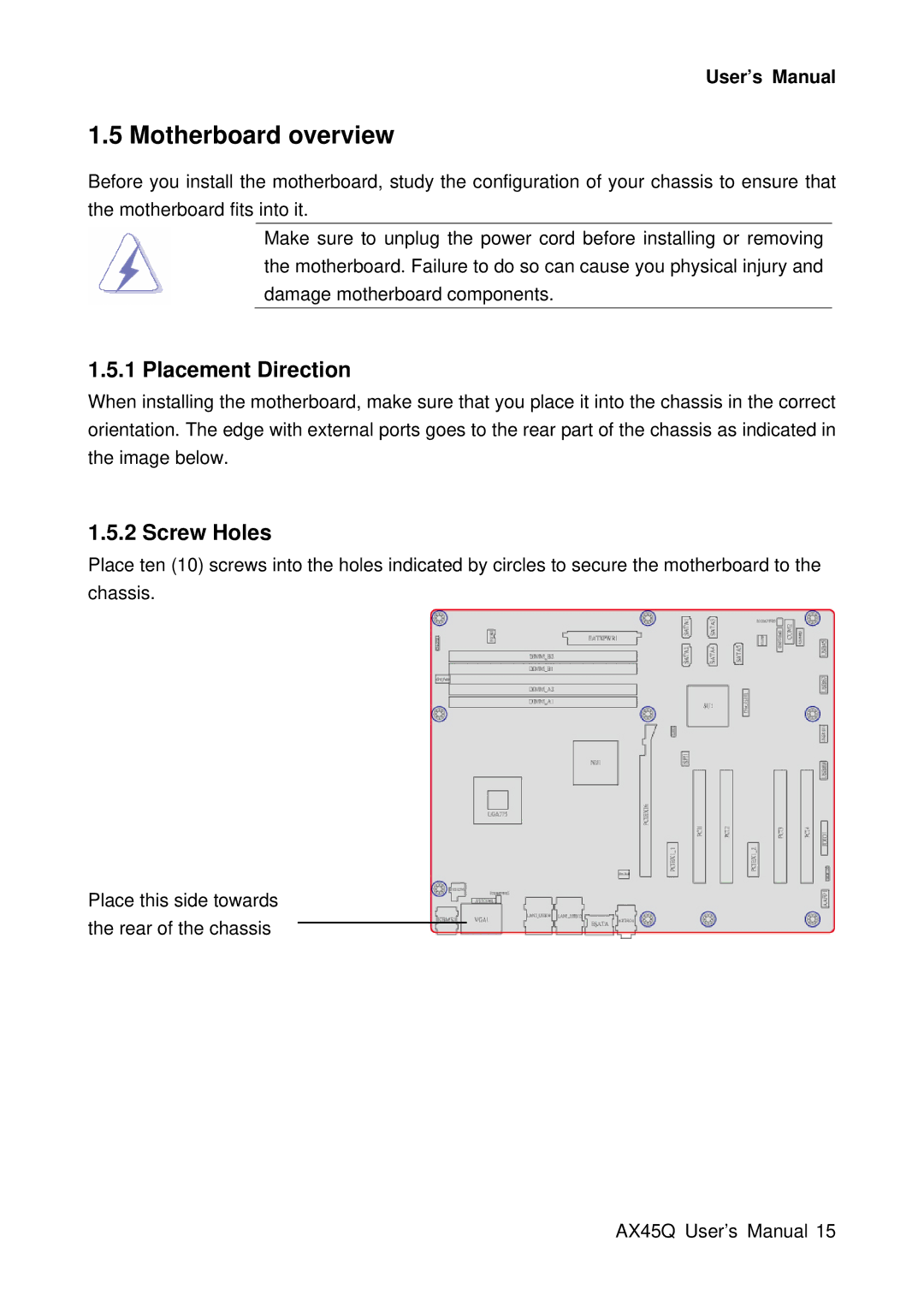 Lennox Hearth AX45Q manual Motherboard overview, Placement Direction, Screw Holes 