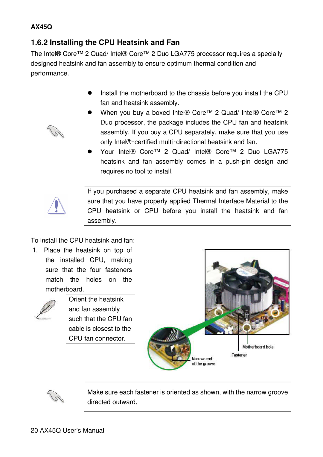 Lennox Hearth AX45Q manual Installing the CPU Heatsink and Fan 