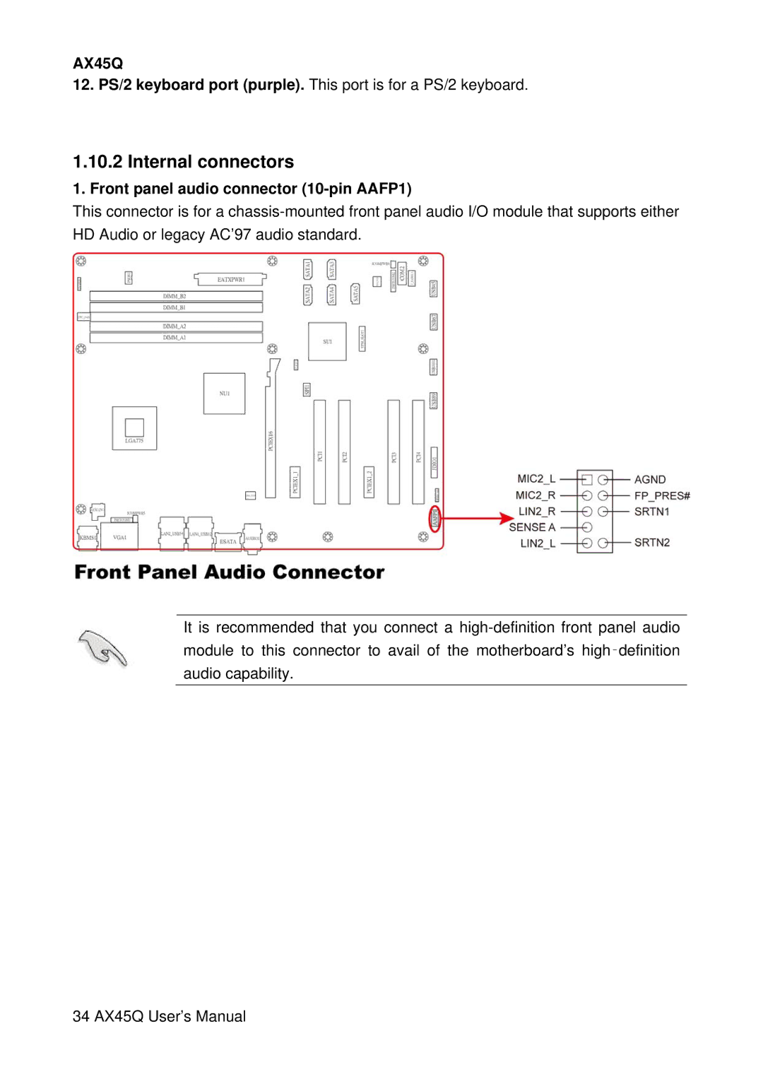 Lennox Hearth AX45Q manual Internal connectors, Front panel audio connector 10-pin AAFP1 