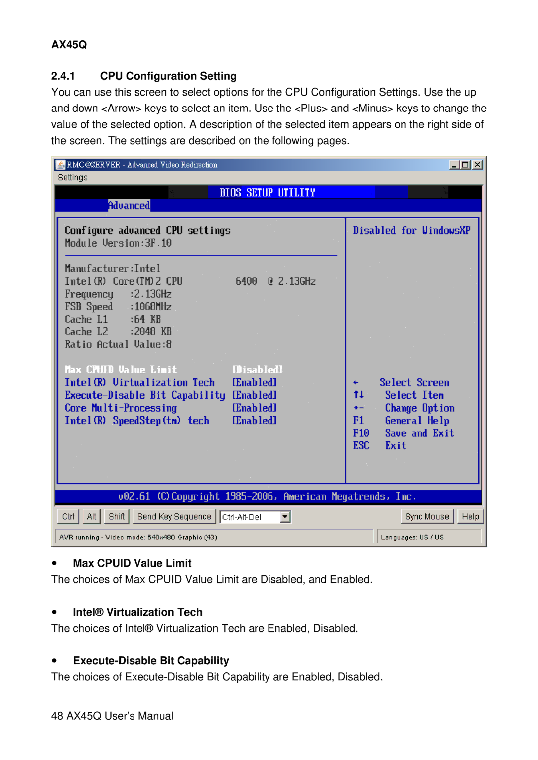 Lennox Hearth AX45Q manual CPU Configuration Setting, Max Cpuid Value Limit, Intel Virtualization Tech 