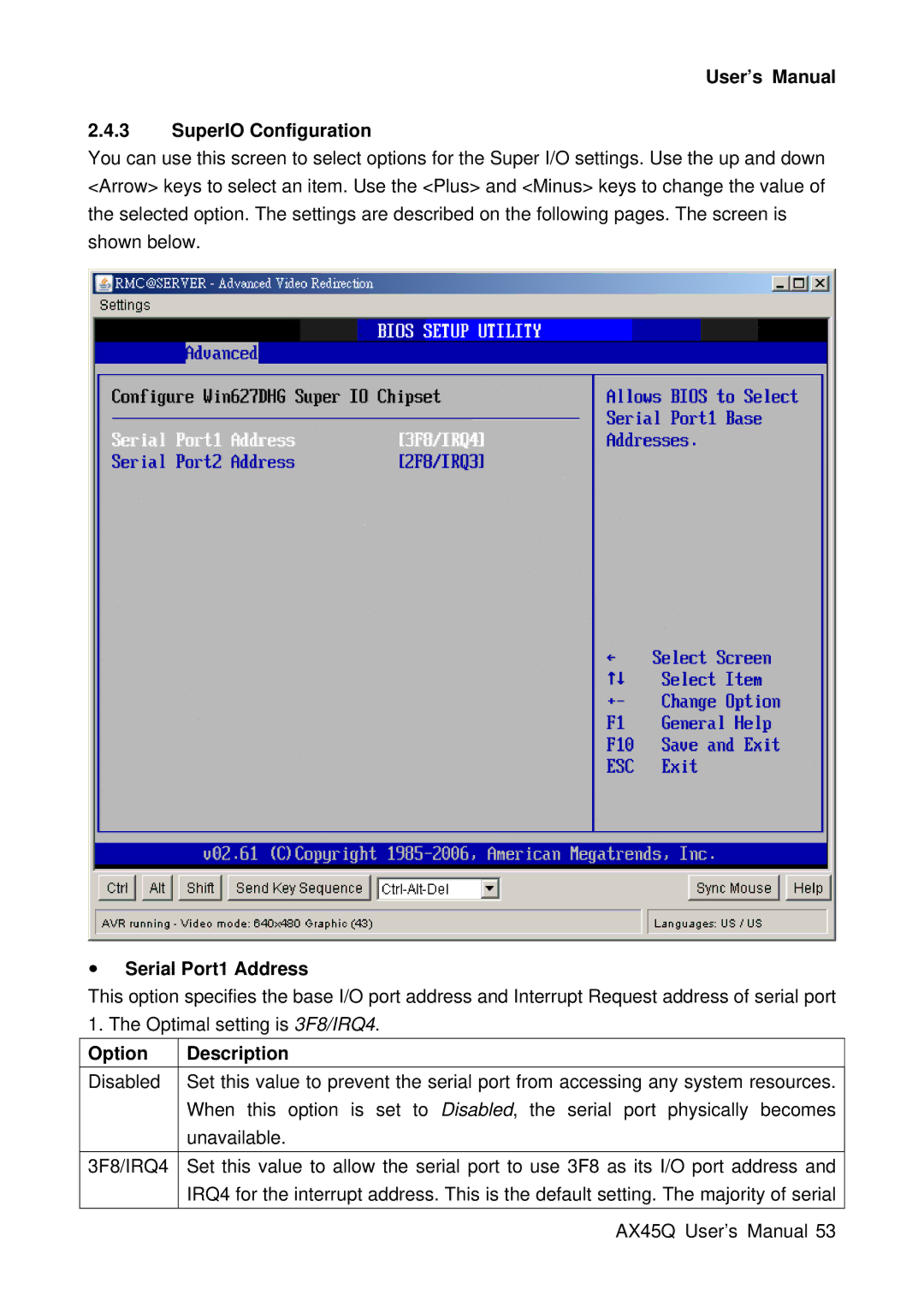 Lennox Hearth AX45Q manual User’s Manual SuperIO Configuration, Serial Port1 Address 