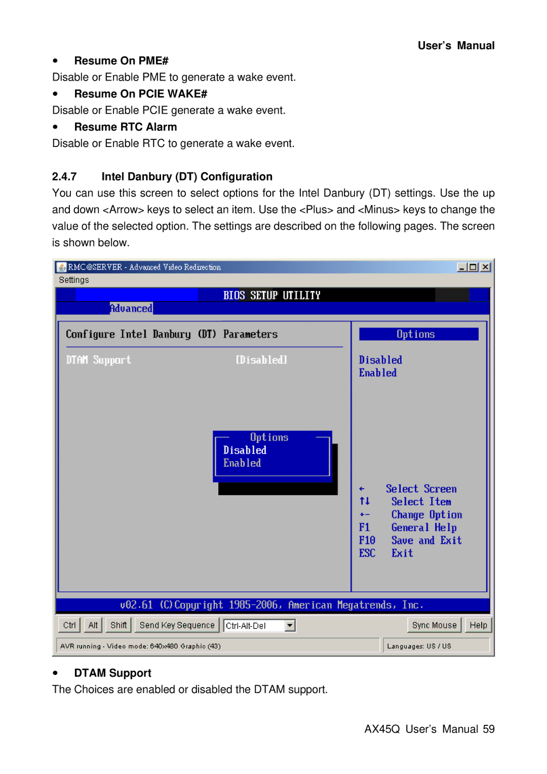 Lennox Hearth AX45Q User’s Manual Resume On PME#, Resume On Pcie WAKE#, Resume RTC Alarm, Intel Danbury DT Configuration 