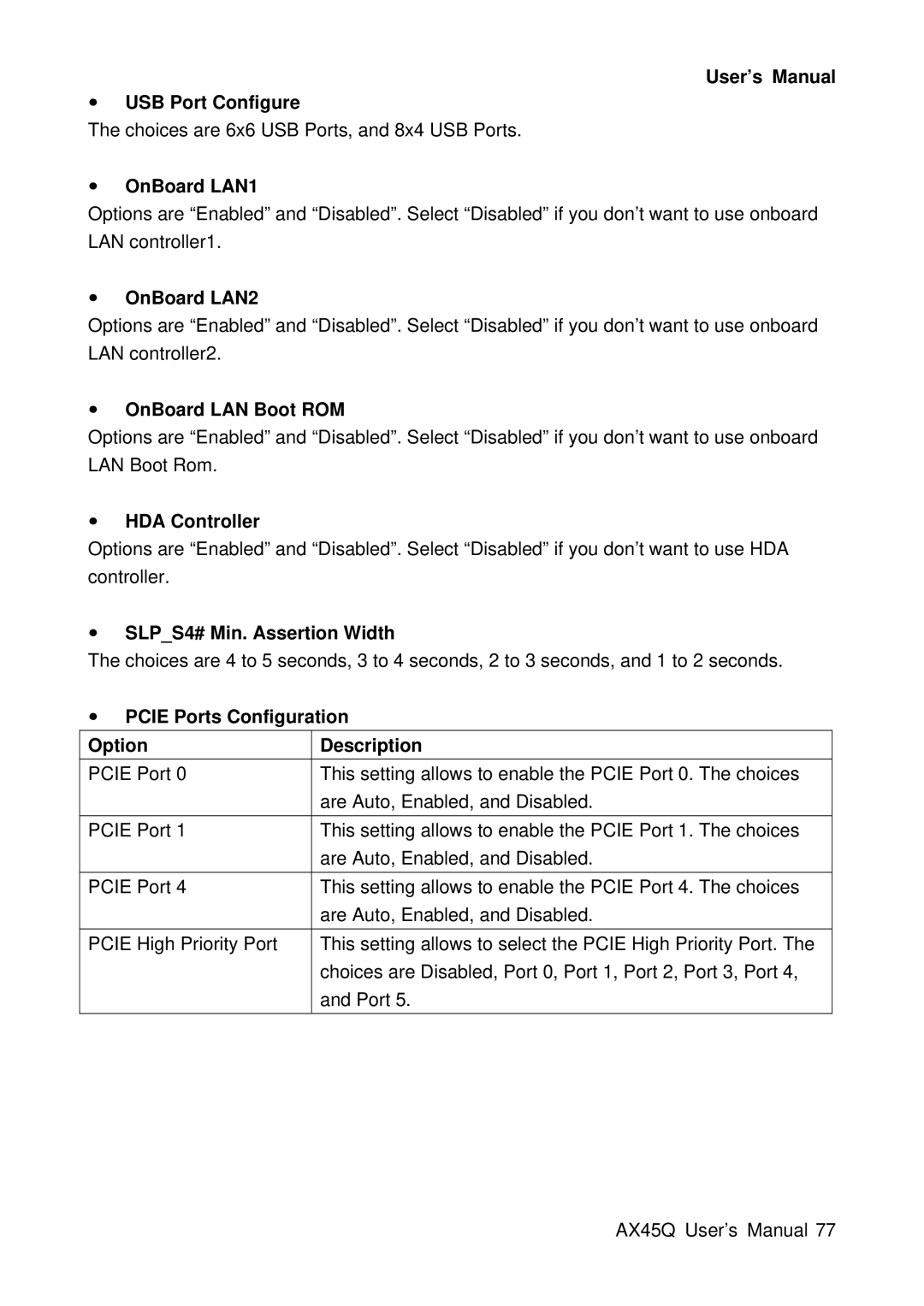 Lennox Hearth AX45Q User’s Manual USB Port Configure, OnBoard LAN1, OnBoard LAN2, OnBoard LAN Boot ROM, HDA Controller 