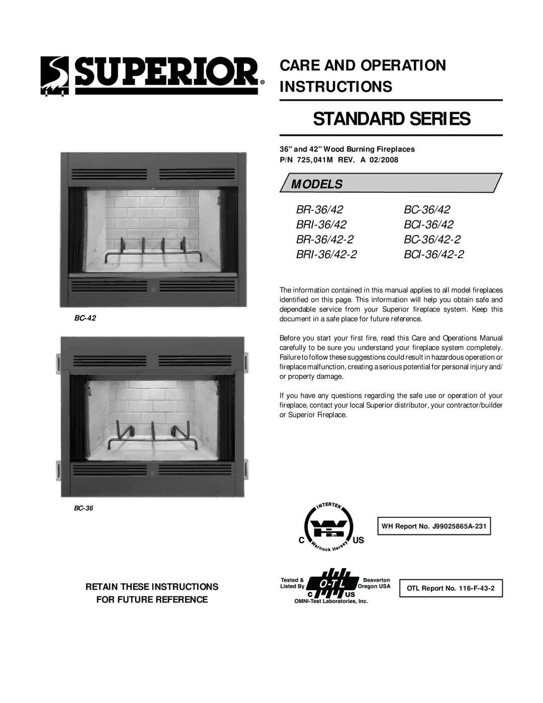 Lennox Hearth BRI-36/42-2, BR-36/42-2 manual Standard Series, Retain These Instructions For Future Reference 