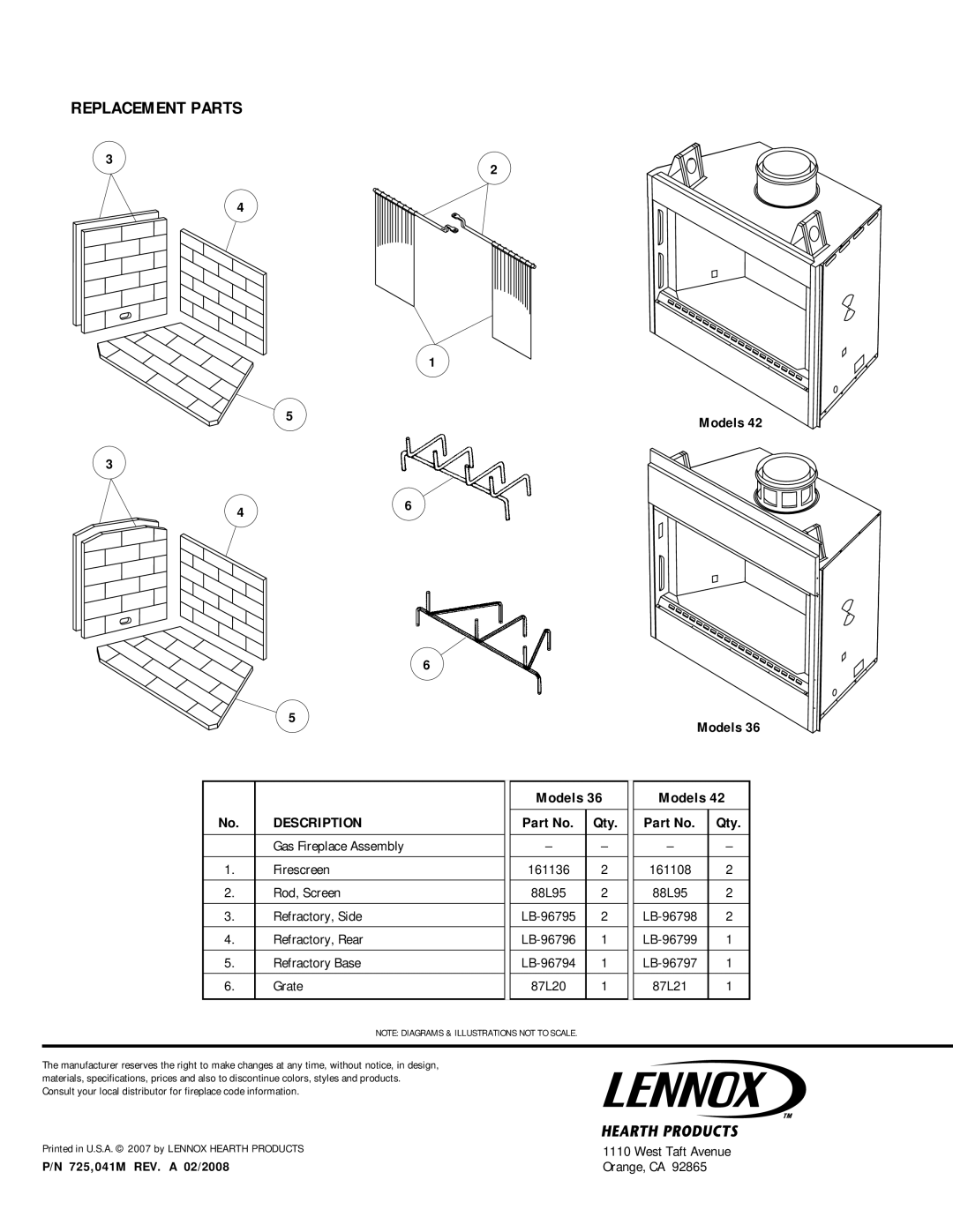 Lennox Hearth BRI-36/42-2, BR-36/42-2, BC-36/42-2, BCI-36/42-2 manual Replacement Parts, Models, Description 