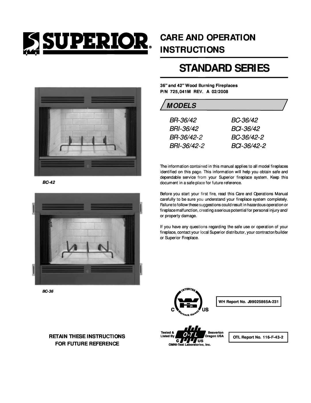Lennox Hearth BRI-36/42 manual Retain These Instructions For Future Reference, Standard Series, Models, BC-42, BC-36 