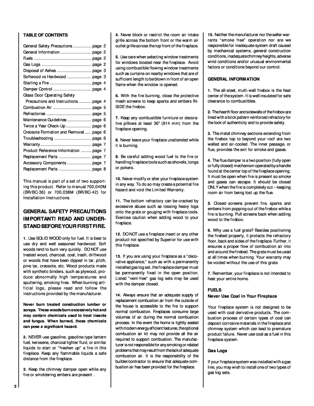 Lennox Hearth BRI-36/42-2 manual Table Of Contents, General Information, FUELS Never Use Coal in Your Fireplace, Gas Logs 