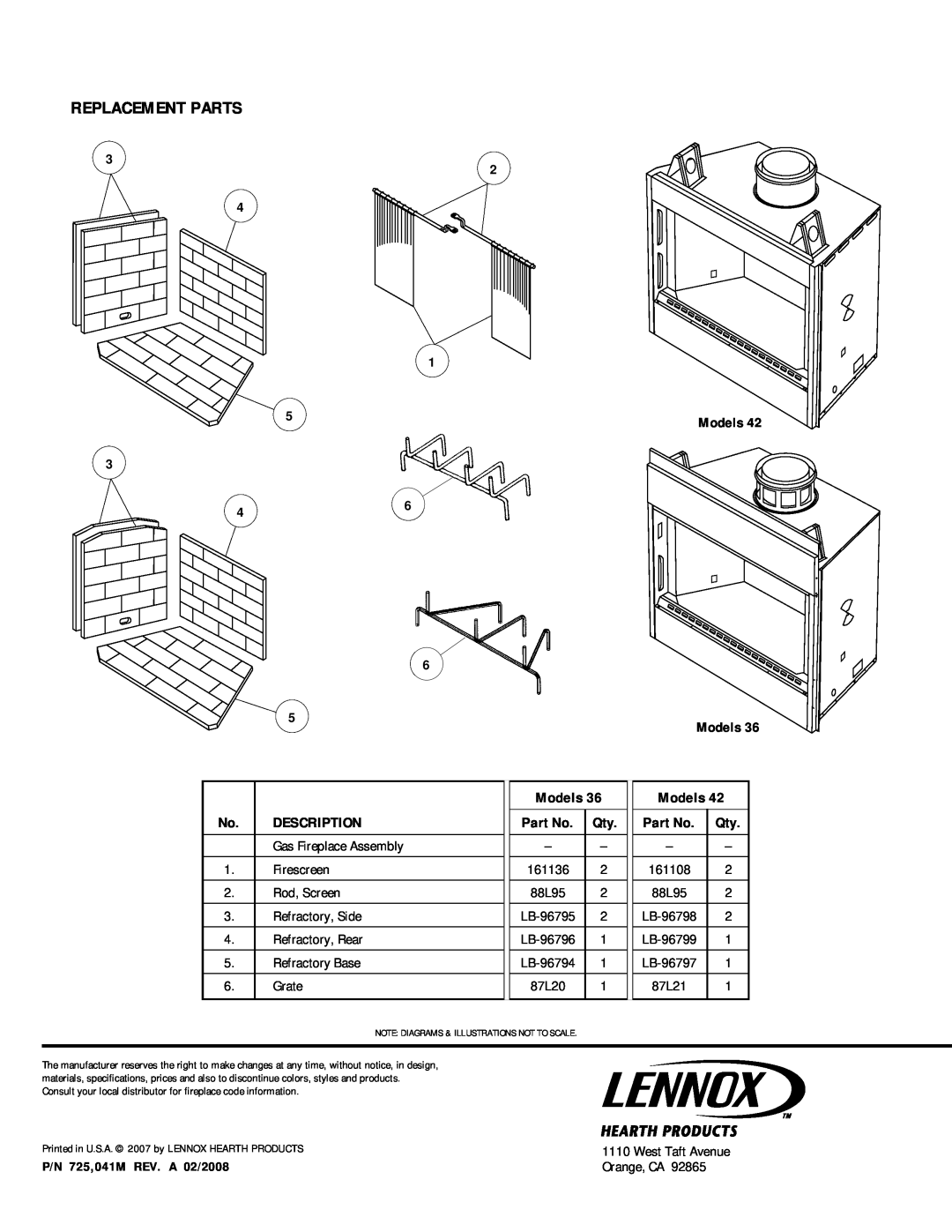 Lennox Hearth BRI-36/42-2, BR-36/42-2, BC-36/42-2, BCI-36/42-2 manual Replacement Parts, Models, Description 