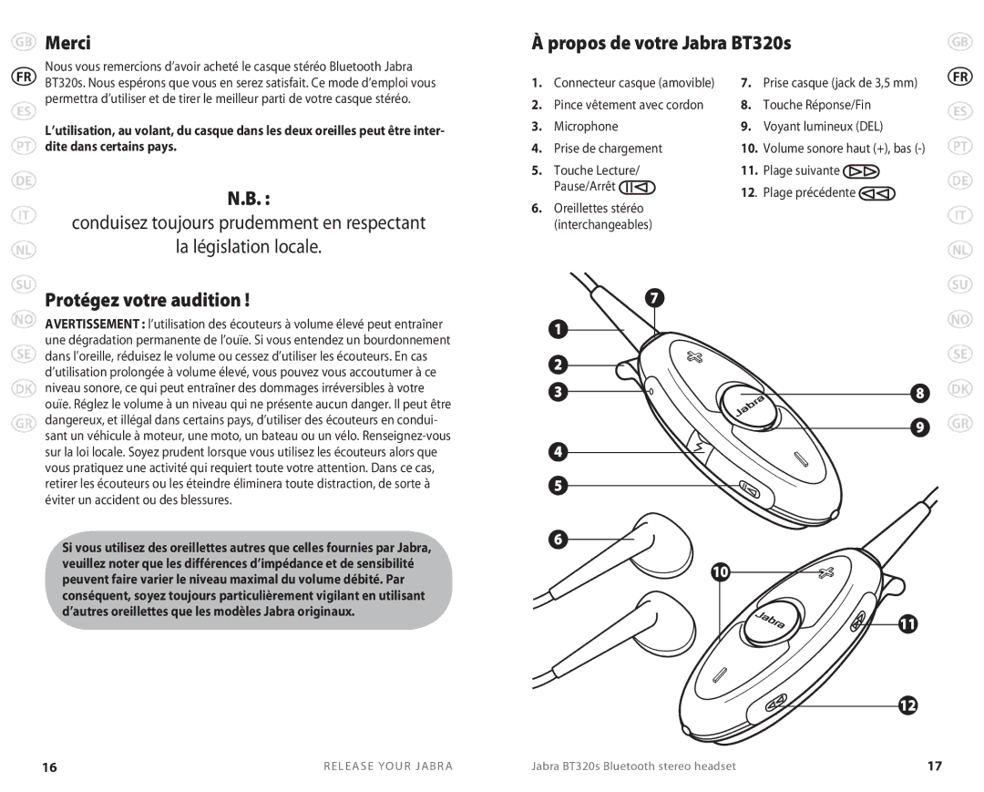 Lennox Hearth BT 320S user manual Merci, Protégez votre audition, Propos de votre Jabra BT320s, Prise casque jack de 3,5 mm 