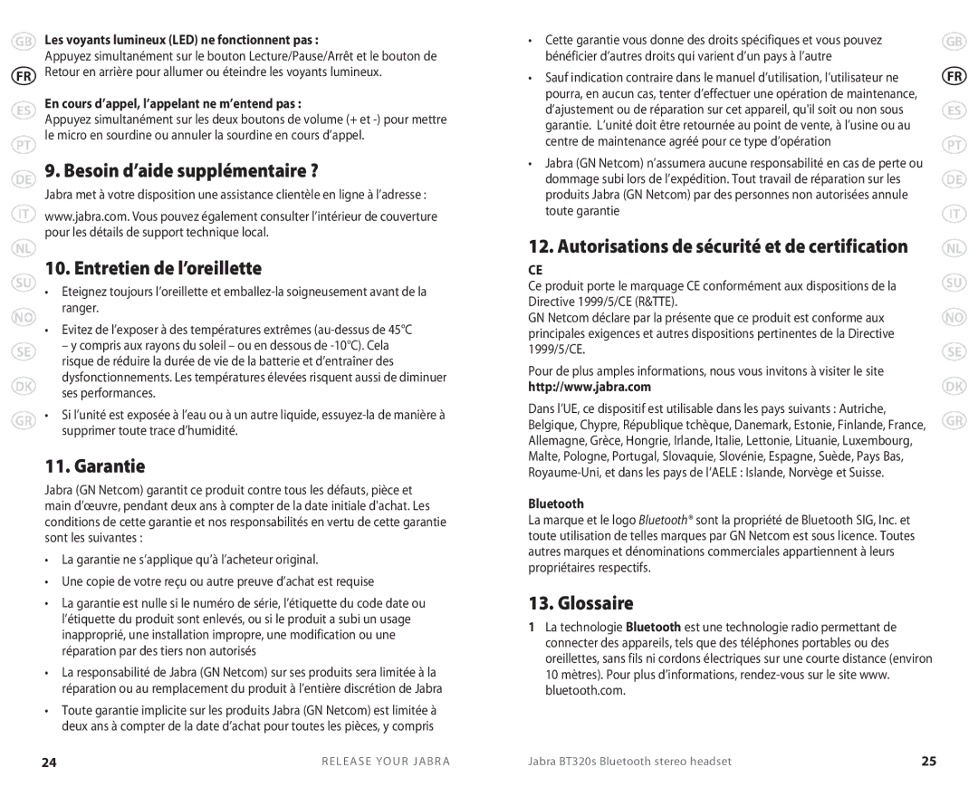 Lennox Hearth BT 320S Entretien de l’oreillette, Garantie, Glossaire, Autorisations de sécurité et de certification 