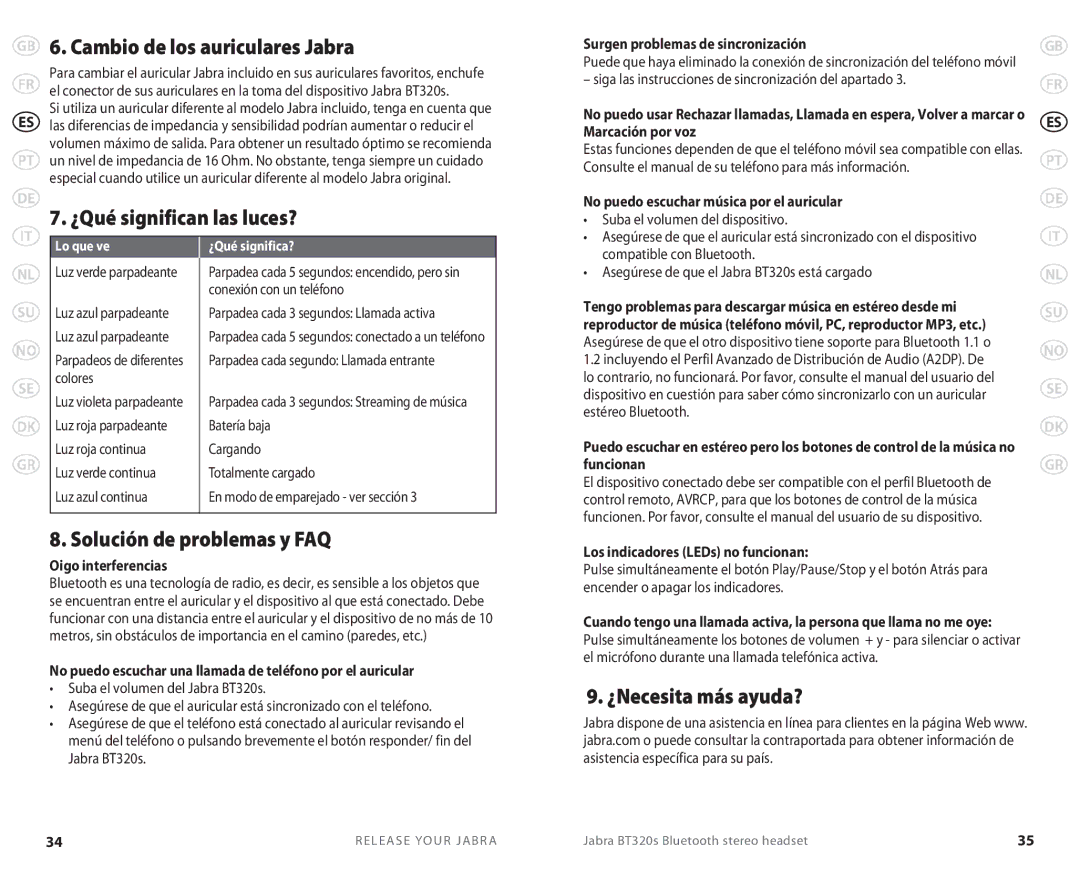 Lennox Hearth BT 320S user manual Cambio de los auriculares Jabra, ¿Qué significan las luces?, Solución de problemas y FAQ 