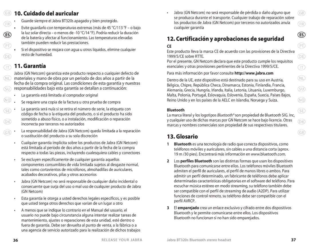 Lennox Hearth BT 320S user manual Cuidado del auricular, Garantía, Glosario, Certificación y aprobaciones de seguridad 