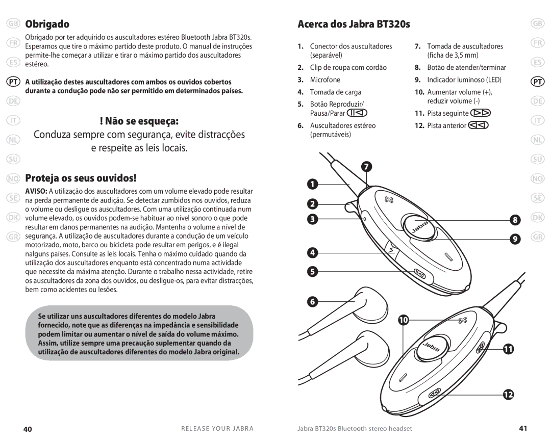 Lennox Hearth BT 320S user manual GB Obrigado, No Proteja os seus ouvidos 