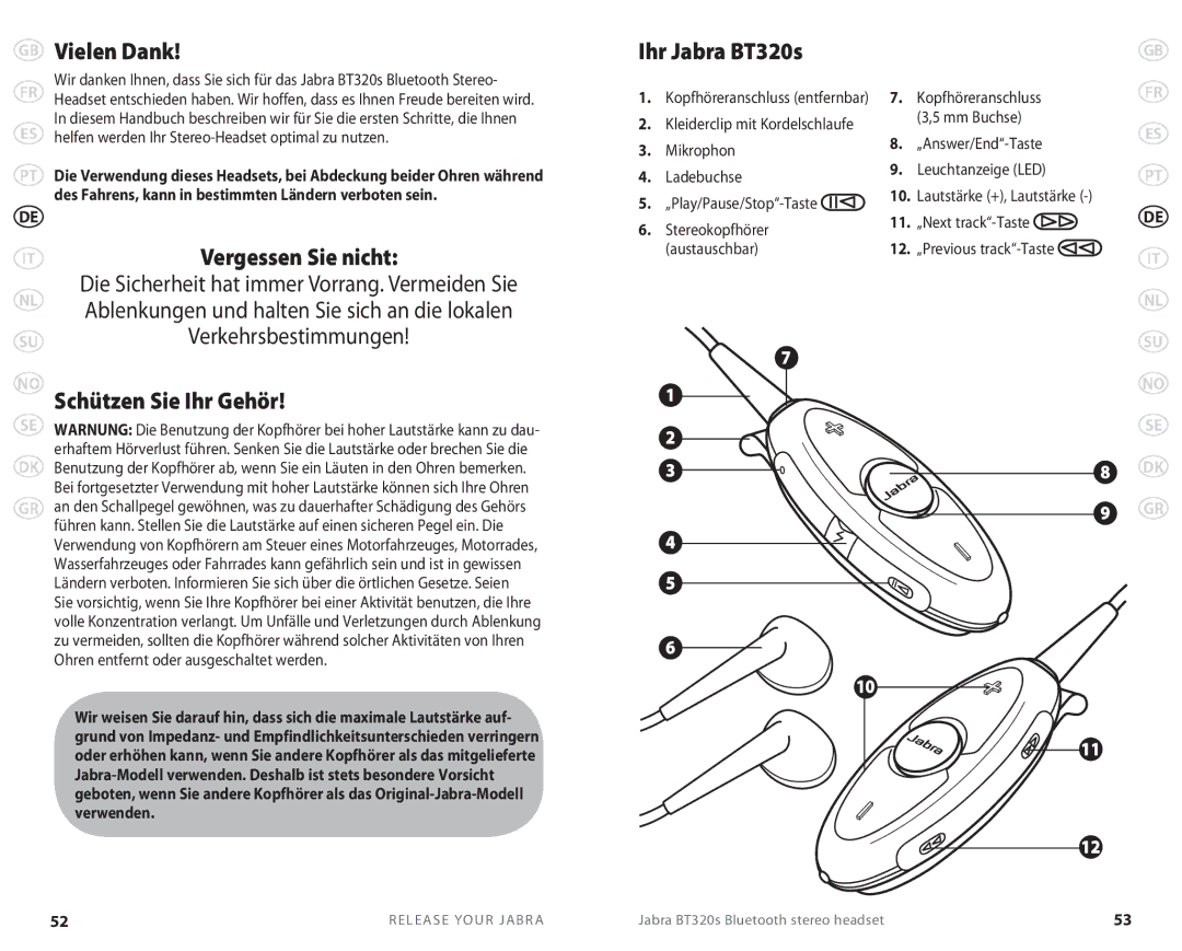 Lennox Hearth BT 320S user manual Vielen Dank, Schützen Sie Ihr Gehör, Ihr Jabra BT320s, Verwenden 