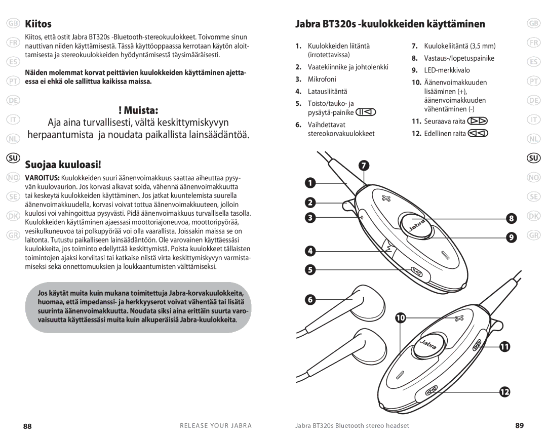 Lennox Hearth BT 320S user manual Kiitos, Suojaa kuuloasi, Jabra BT320s -kuulokkeiden käyttäminen, Muista 