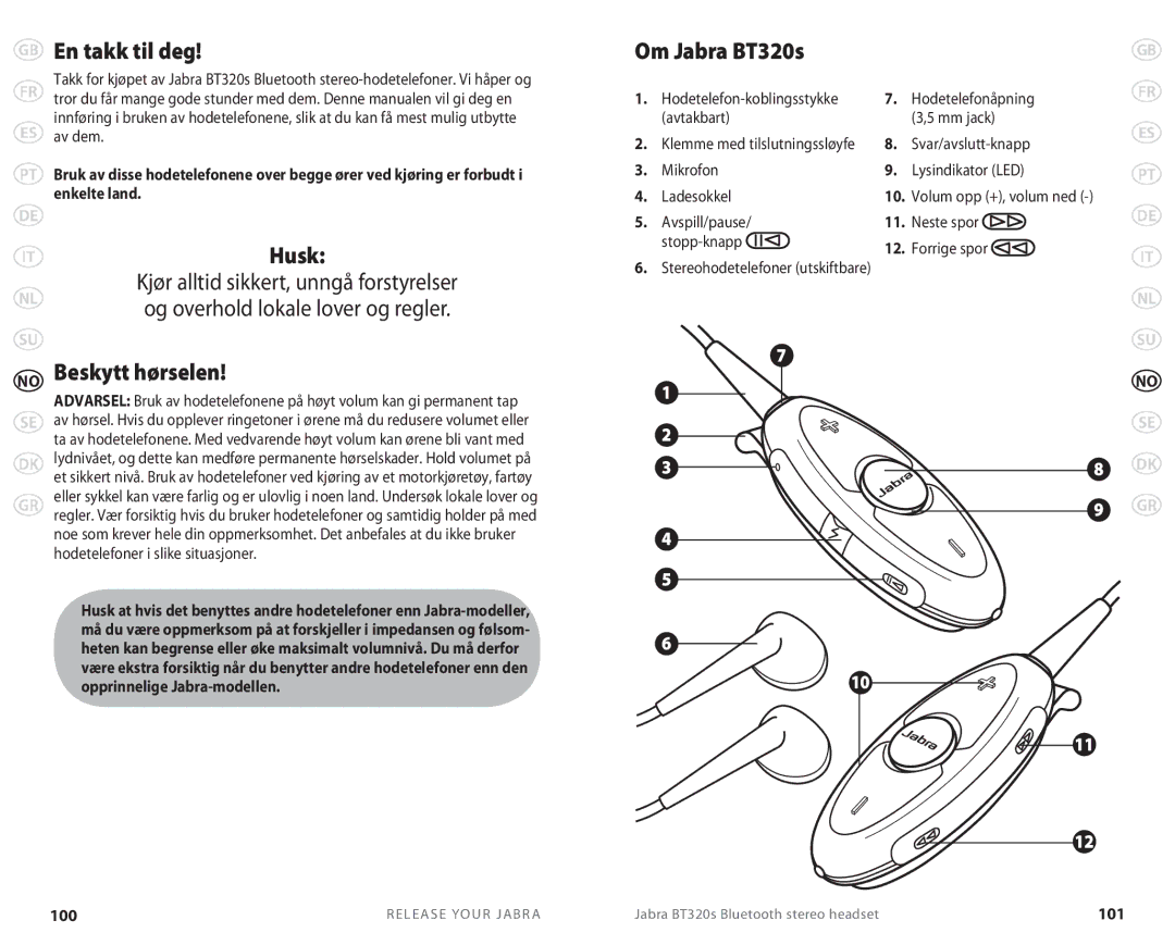 Lennox Hearth BT 320S user manual En takk til deg, Beskytt hørselen, Om Jabra BT320s, 100, 101 