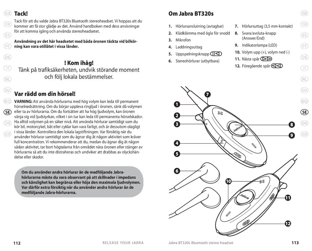 Lennox Hearth BT 320S user manual Tack, Kom ihåg, Var rädd om din hörsel, 112, 113 