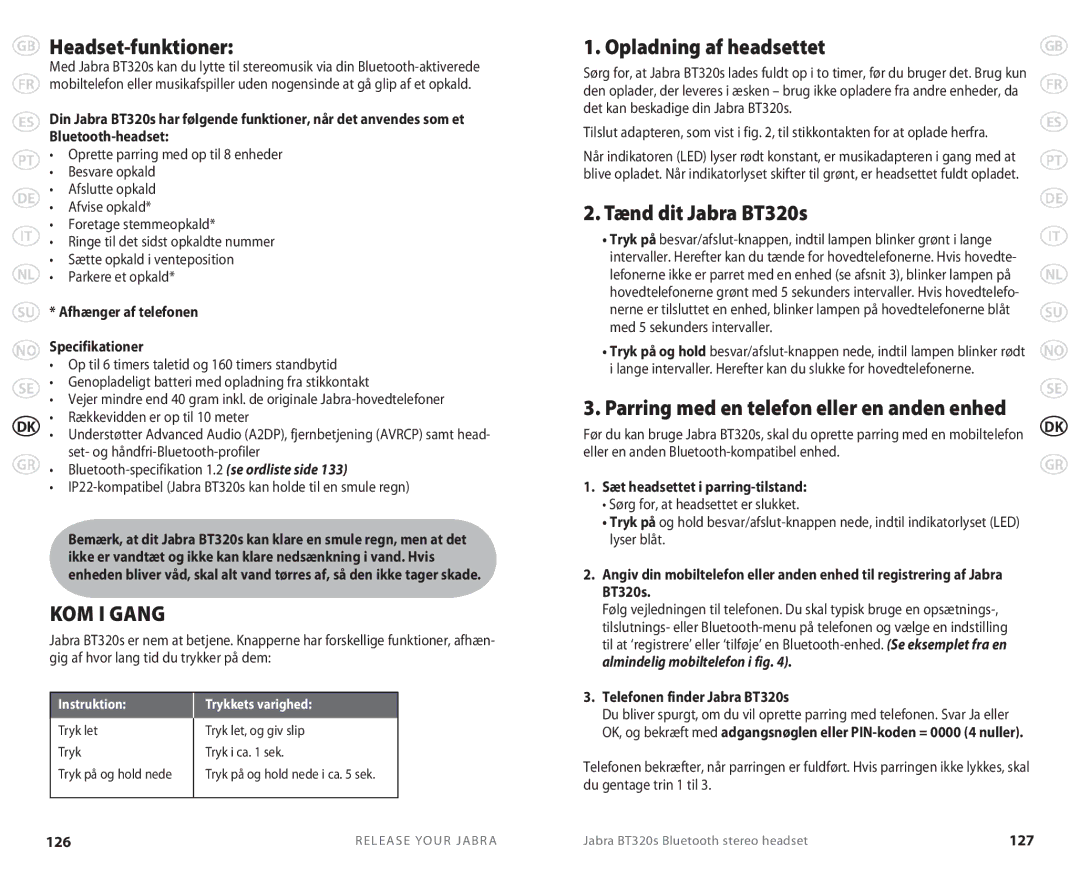 Lennox Hearth BT 320S user manual Headset-funktioner, Kom i gang, Opladning af headsettet, Tænd dit Jabra BT320s 