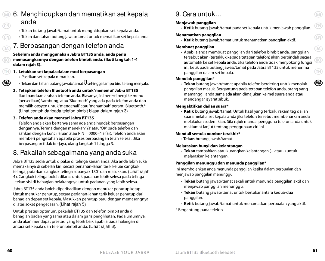 Lennox Hearth BT135 specifications Menghidupkan dan mematikan set kepala anda, Berpasangan dengan telefon anda, Cara untuk 