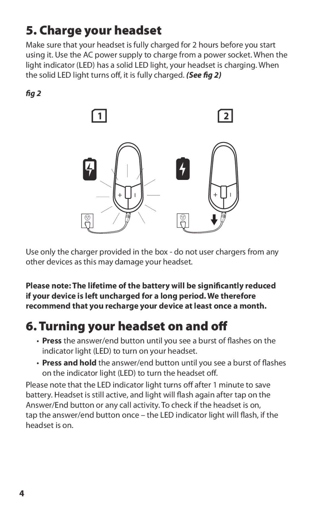 Lennox Hearth BT2010 manual Charge your headset, Turning your headset on and off 