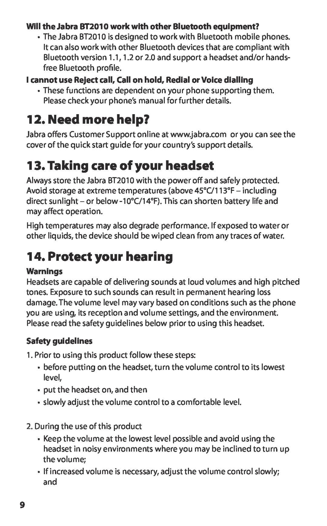 Lennox Hearth BT2010 manual Need more help?, Taking care of your headset, Protect your hearing, Warnings, Safety guidelines 