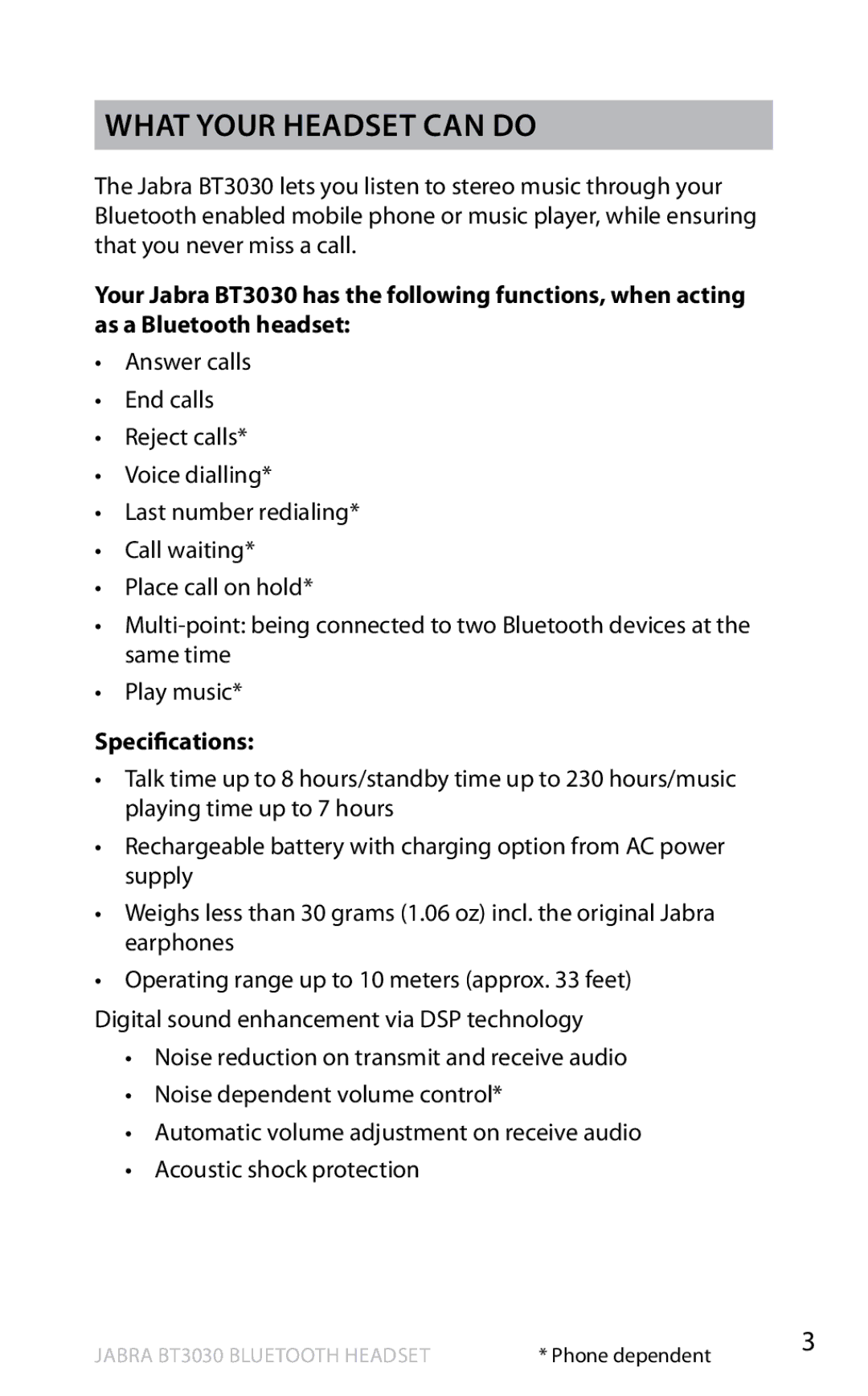 Lennox Hearth BT3030 user manual What your headset can do, Specifications 