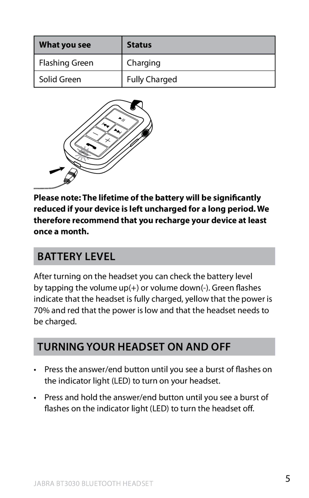 Lennox Hearth BT3030 user manual Battery level, Turning your headset on and off, What you see Status 