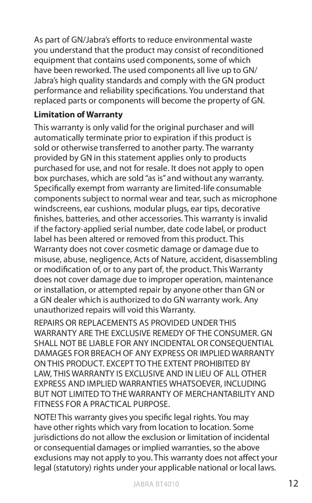 Lennox Hearth BT4010 user manual Limitation of Warranty 