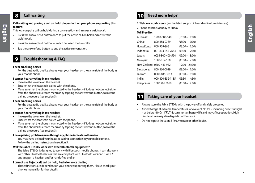 Lennox Hearth BT500V user manual Call waiting, Troubleshooting & FAQ, Need more help?, Taking care of your headset 