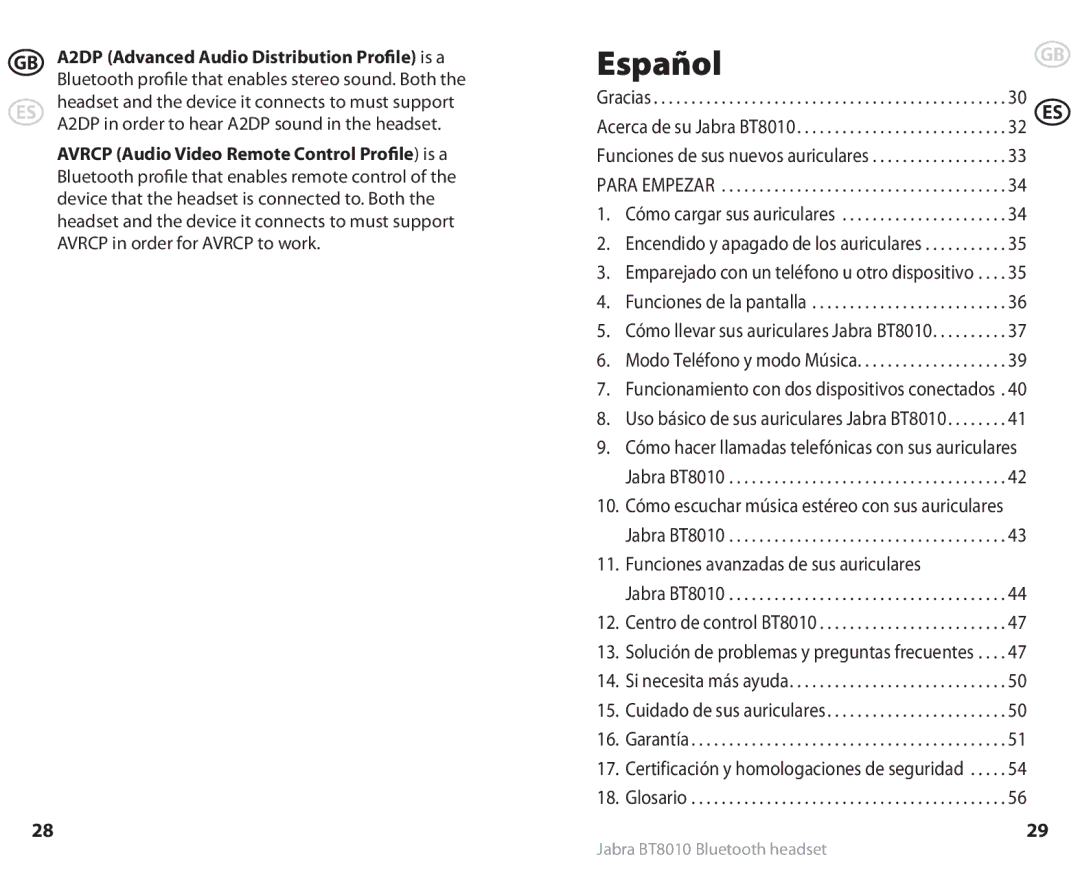 Lennox Hearth user manual Gracias, Jabra BT8010, Garantía, Glosario 