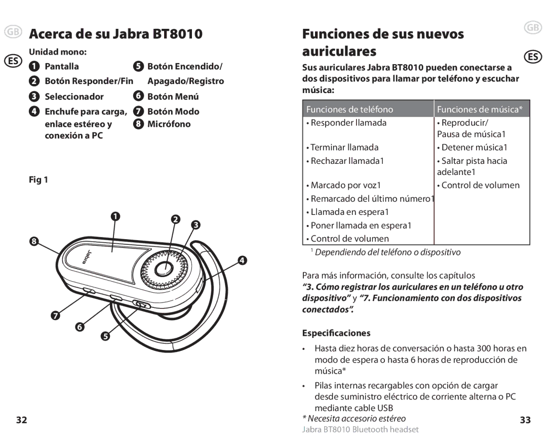 Lennox Hearth user manual Acerca de su Jabra BT8010, Funciones de sus nuevos Auriculares, Música, Especificaciones 