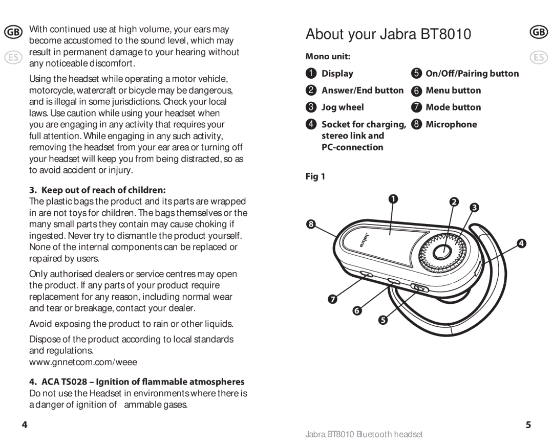 Lennox Hearth user manual About your Jabra BT8010, Keep out of reach of children 