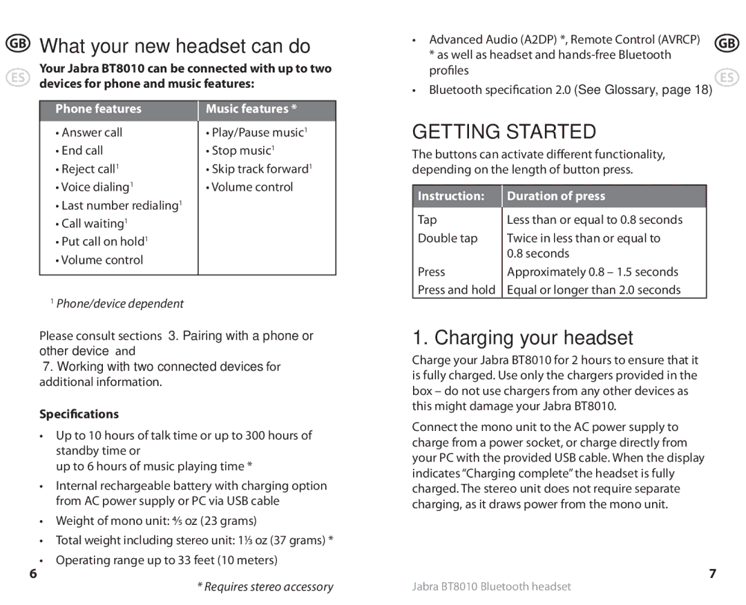 Lennox Hearth BT8010 user manual What your new headset can do, Charging your headset, Specifications 